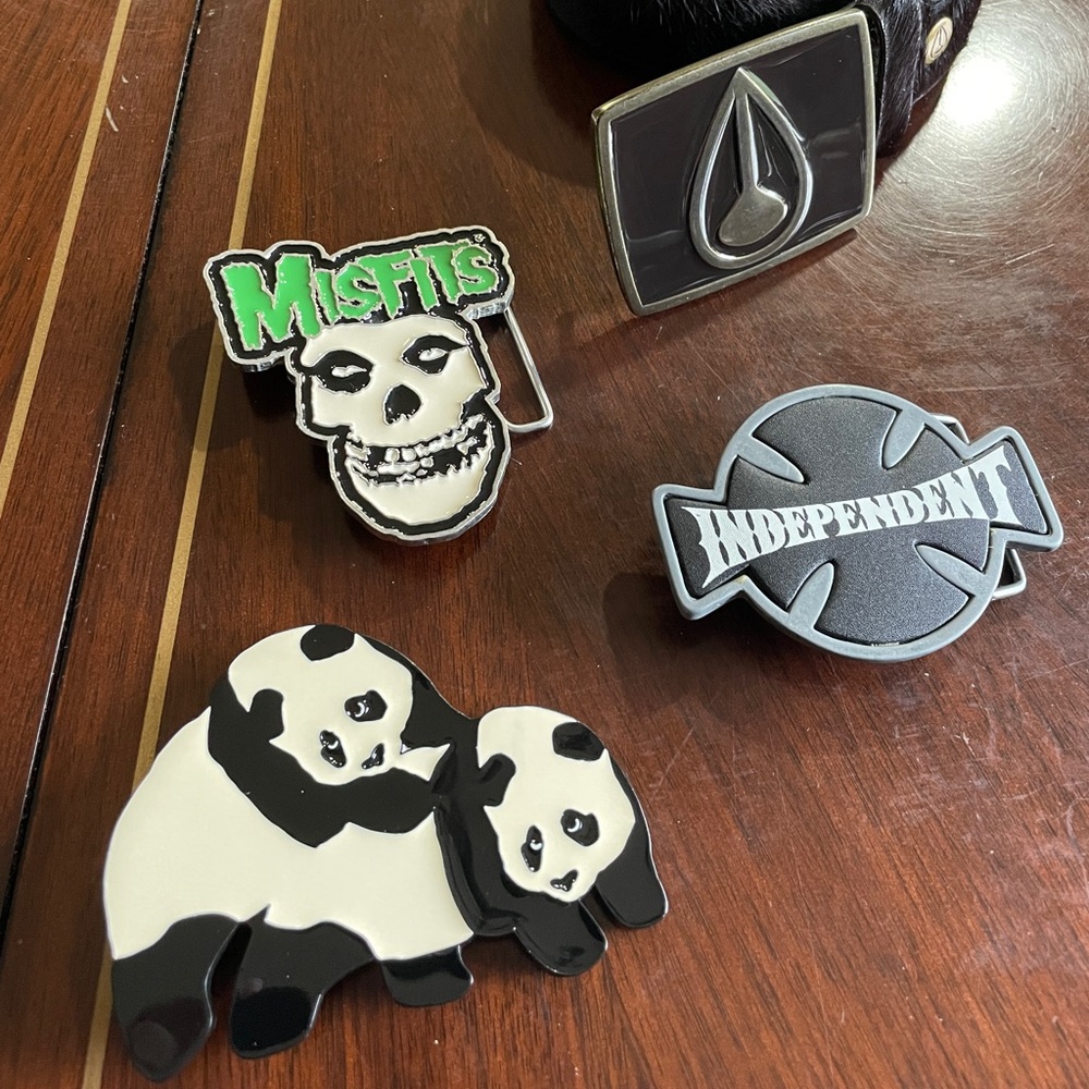 Lot of Misfits, Independent, Enjoi belt buckles. Volcom belt with buckle.